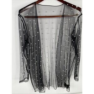 Chic Sheer Black Pearl-Studded Jacket, One Size Long Sleeve